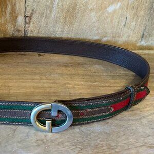 Vintage Gucci Web Green Red Leather Belt with Double G buckle 90 / 36"
